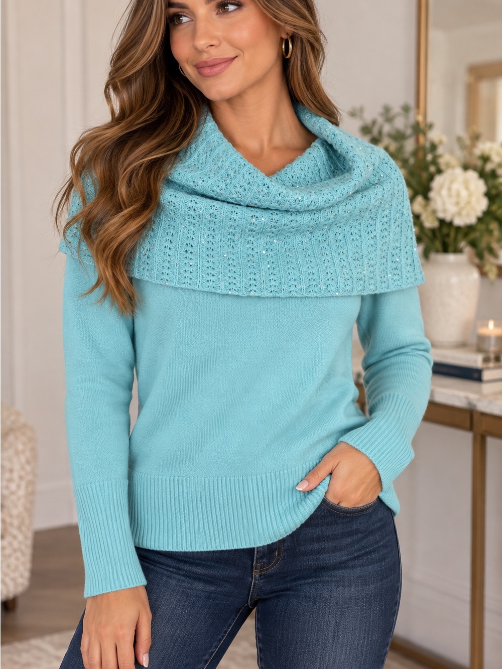 New York & Company Aqua Foldover Cowl Knit Sweater